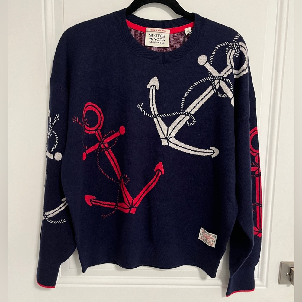 NWT- Scotch & Soda Women’s Wool Blended Oversized Anchor Jacquard Sweater - L